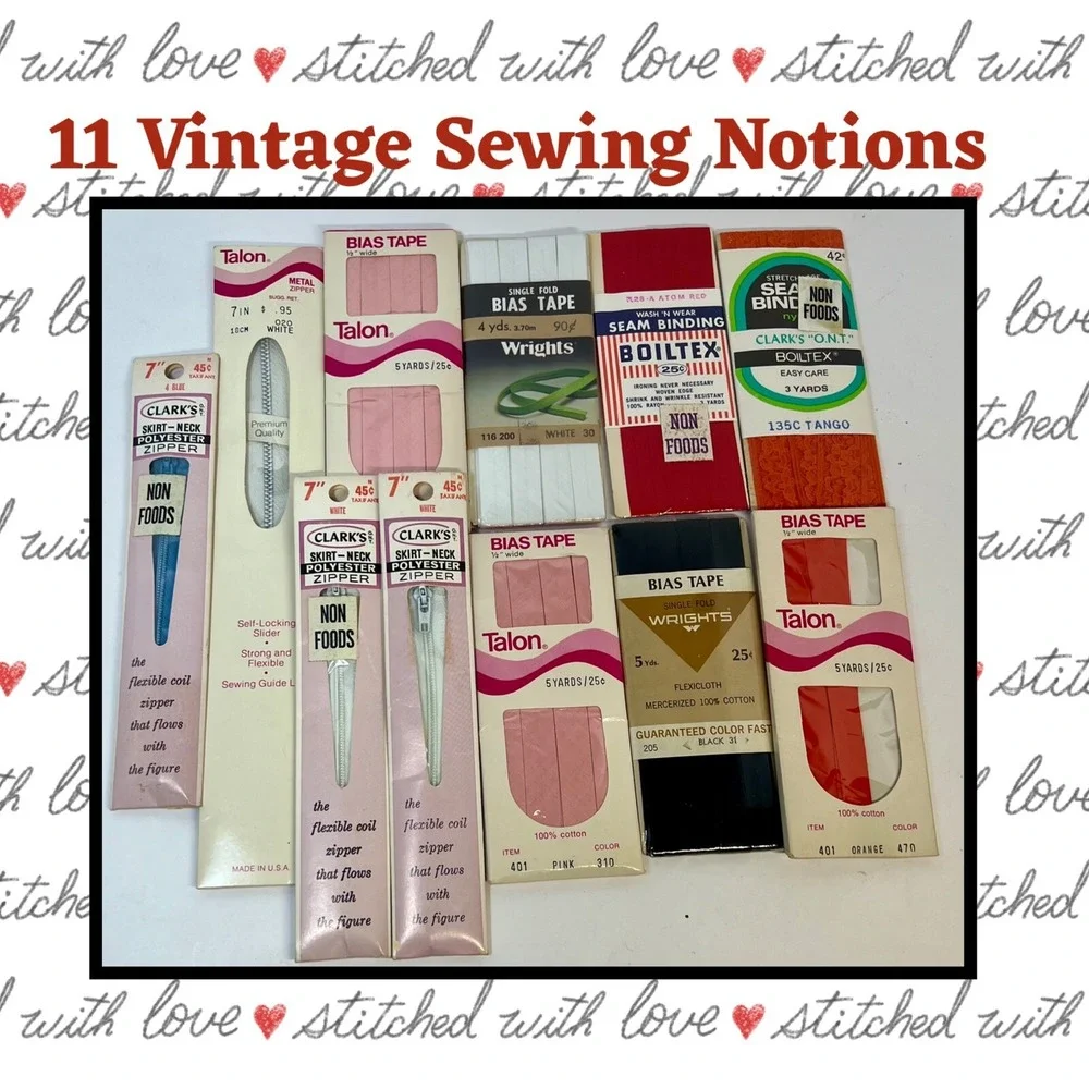 New Vintage Lot Of 11 Pkgs Bias Tape Hem‎ & Seam Binding Zippers & More! Sewing